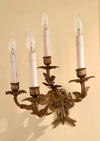 Pair of Louis XV Style Brass 4 Light Antique Sconces