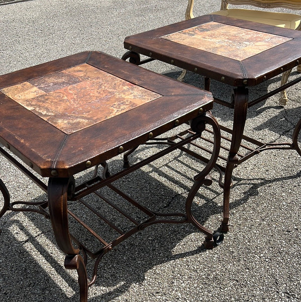 Pair of Bernhardt Leather and Iron Side End Tables