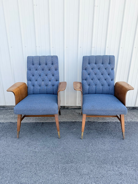Pair of Vintage 1960 Mid-Century Modern Tufted Lounge Chairs with Bentwood Arms & Brass Ferrules