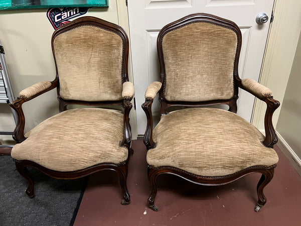 Pair of French Louis XV Antique Armchairs on Casters