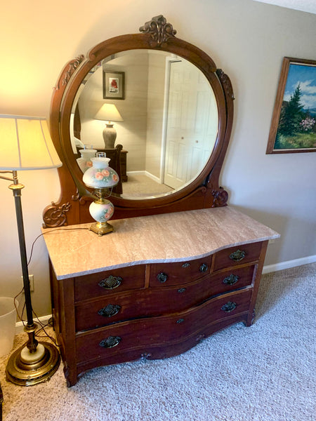 Antique French Louis XV Full Size Bed and Serpentine Front Dresser with Marble Top