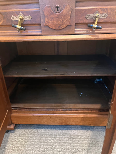 Antique Carved Walnut & Marble Cabinet Table Wash Bin