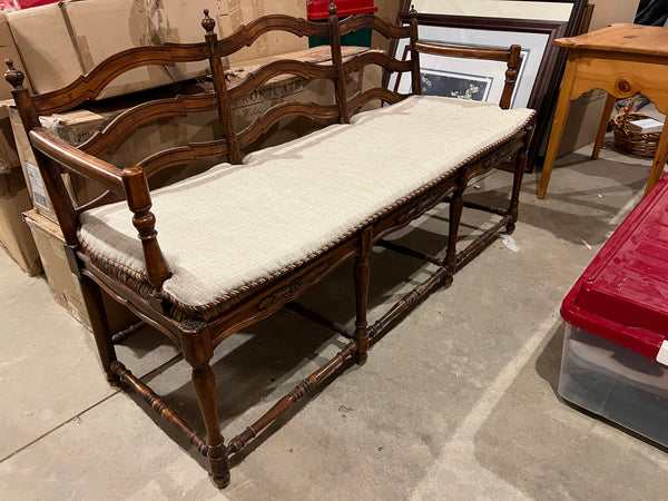French Country Wicker Rush and Ladderback Triple Seat Bench with Cushion