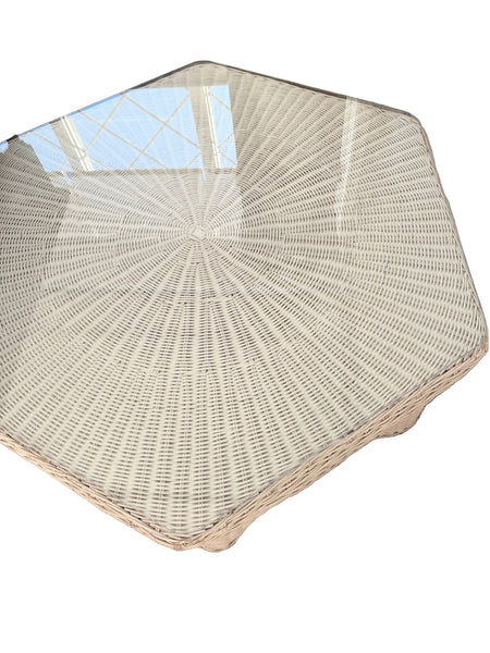 Vintage Henry Link White Rattan Hexagonal Coffee Table with Glass Top