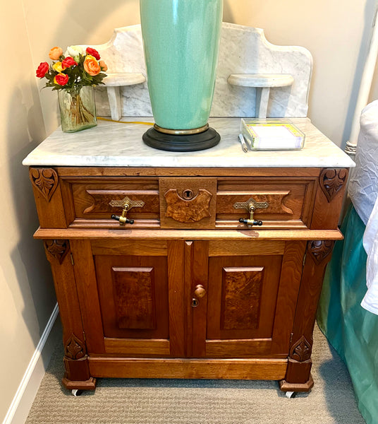 Antique Carved Walnut & Marble Cabinet Table Wash Bin