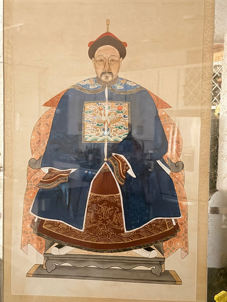Antique Chinese Qing Dynasty Ancestor Portrait of a Civil Official, Framed Under Archival Glass