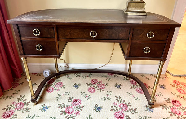 1980's Sligh Burled Walnut Brass Leg Leather Topped Desk