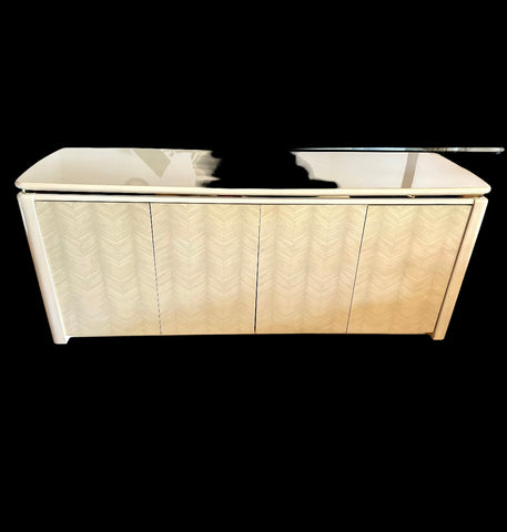 Vintage Post Modern Cream Lacquer Herringbone Credenza