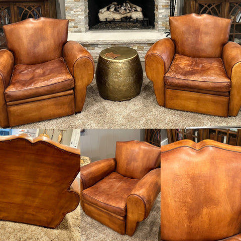 Pair of 1930's Art Deco Mustache Back French Leather Club Chairs in Cognac Leather