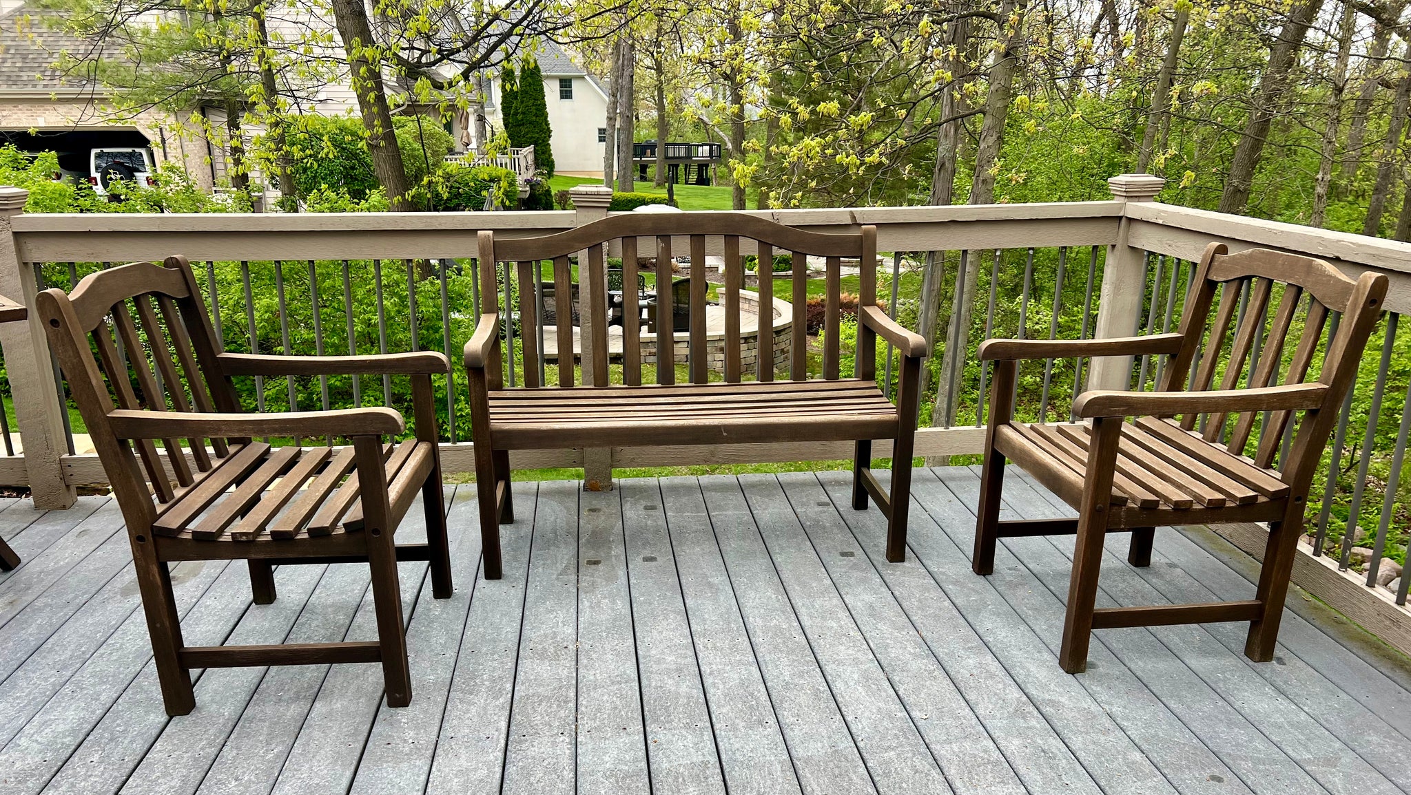Solid Teak Three Piece Lounge Set - Bench and Pair of Chairs
