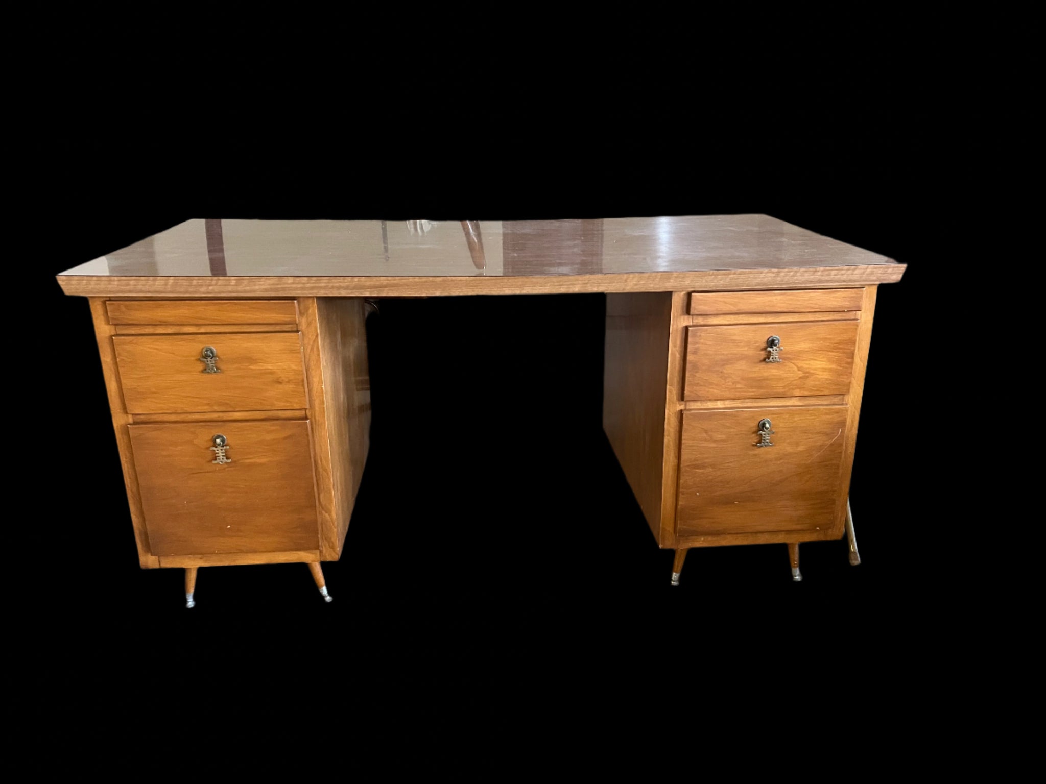 Vintage Bassett MCM Walnut Executive Desk with Formica Top and Turned Legs
