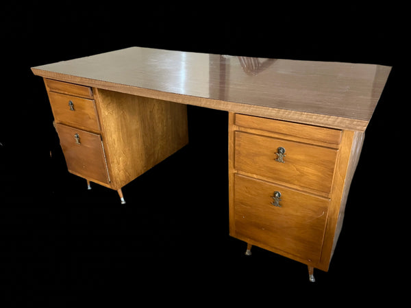 Vintage Bassett MCM Walnut Executive Desk with Formica Top and Turned Legs