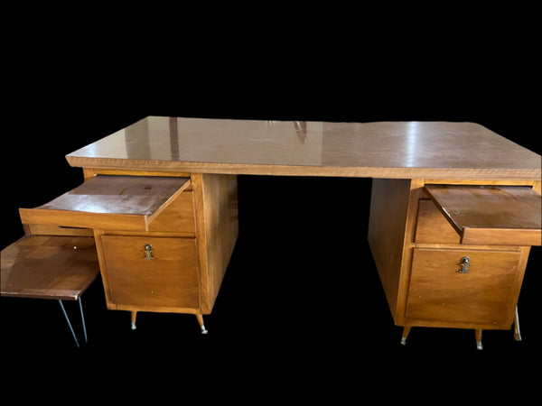 Vintage Bassett MCM Walnut Executive Desk with Formica Top and Turned Legs