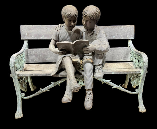 Italian Bronze Sculpture of 2 Children on Bench by Leonardo Rossi