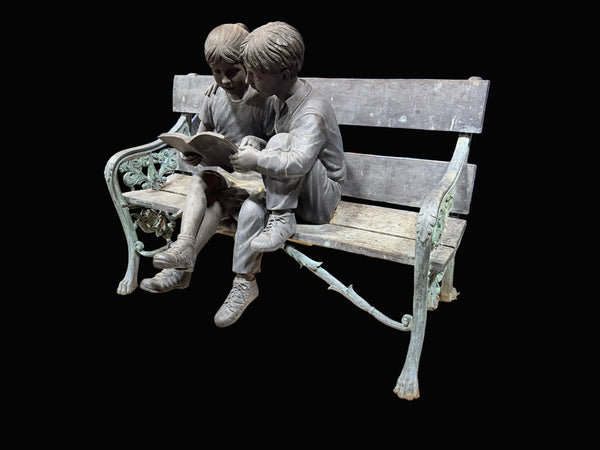 Italian Bronze Sculpture of 2 Children on Bench by Leonardo Rossi