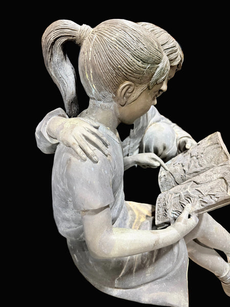 Italian Bronze Sculpture of 2 Children on Bench by Leonardo Rossi