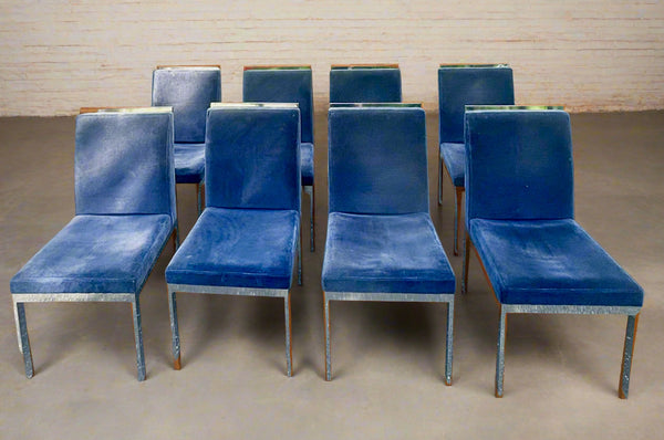 Set of Eight Vintage 1970's MCM Chrome Blue Velvet DIA Dining Chairs by Milo Baughman