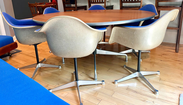 Vintage Mid-Century Modern Segmented 60" Round Dining Table and 6 Shell Chairs by Charles & Ray Eames for Herman Miller