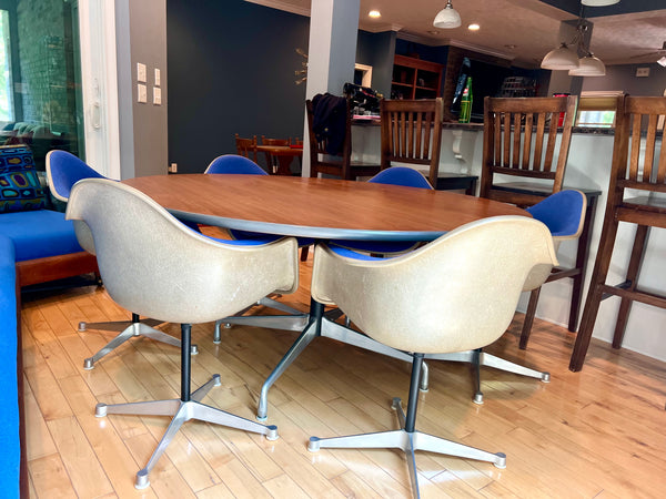 Vintage Mid-Century Modern Segmented 60" Round Dining Table and 6 Shell Chairs by Charles & Ray Eames for Herman Miller