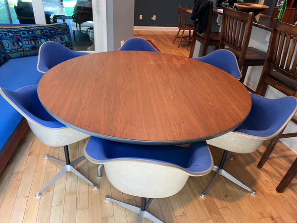 Vintage Mid-Century Modern Segmented 60" Round Dining Table and 6 Shell Chairs by Charles & Ray Eames for Herman Miller
