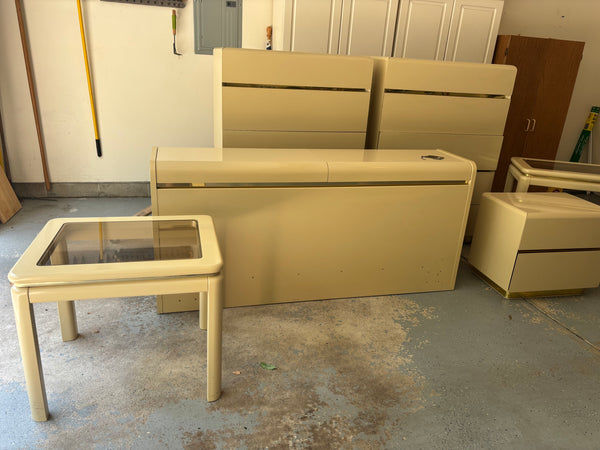 Vintage Post Modern LANE Cream and Brass Lacquer Highboy Dresser (2 Available)