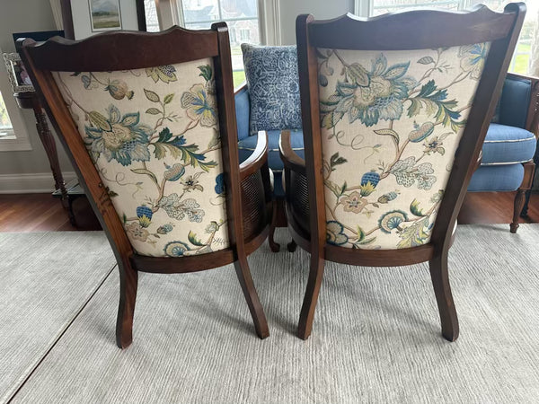 Pair of Queen Anne Style Chairs with Contrasting Pillows, Cane Arms and Scalloped Tops