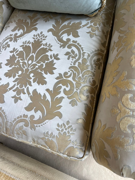 Damask Upholstered Silk Chair and Ottoman