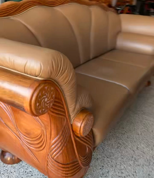 Teak, Leather and Mother of Pearl Sofa and Pair of Chairs Made in Thailand