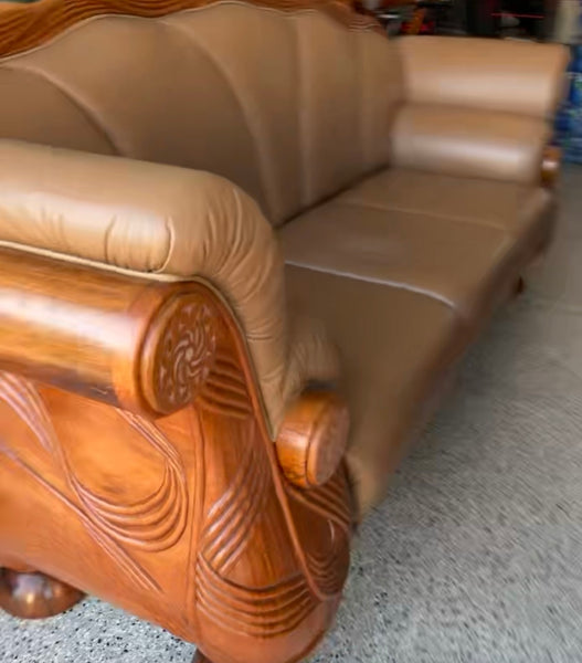 Teak, Leather and Mother of Pearl Sofa and Pair of Chairs Made in Thailand