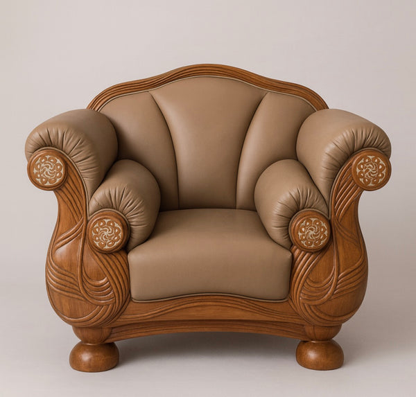 Teak, Leather and Mother of Pearl Sofa and Pair of Chairs Made in Thailand