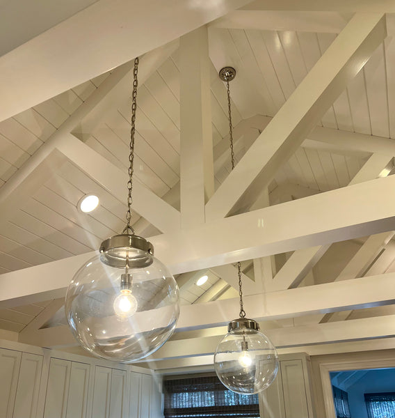 Pair of Modern Glass and Nickel Bulbous Reeves Pendant Lights