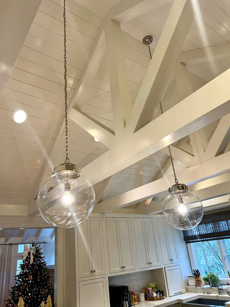 Pair of Modern Glass and Nickel Bulbous Reeves Pendant Lights