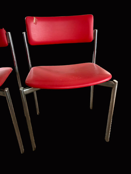 Set of 3 Red Chrome Kiki Chairs Designed by Ilmari Tapiovaara for Stendig
