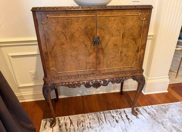 English Queen Anne Burl Walnut & Mahogany Liquor Cabinet