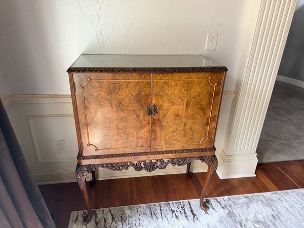 English Queen Anne Burl Walnut & Mahogany Liquor Cabinet