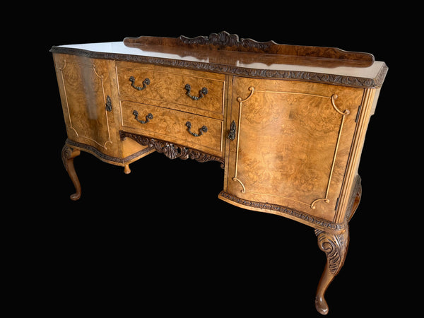 English Queen Anne Burl Walnut & Mahogany Sideboard