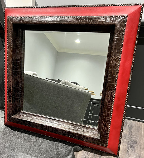 Howard Elliot Collection Faux Croc and Red Leather Framed Mirror