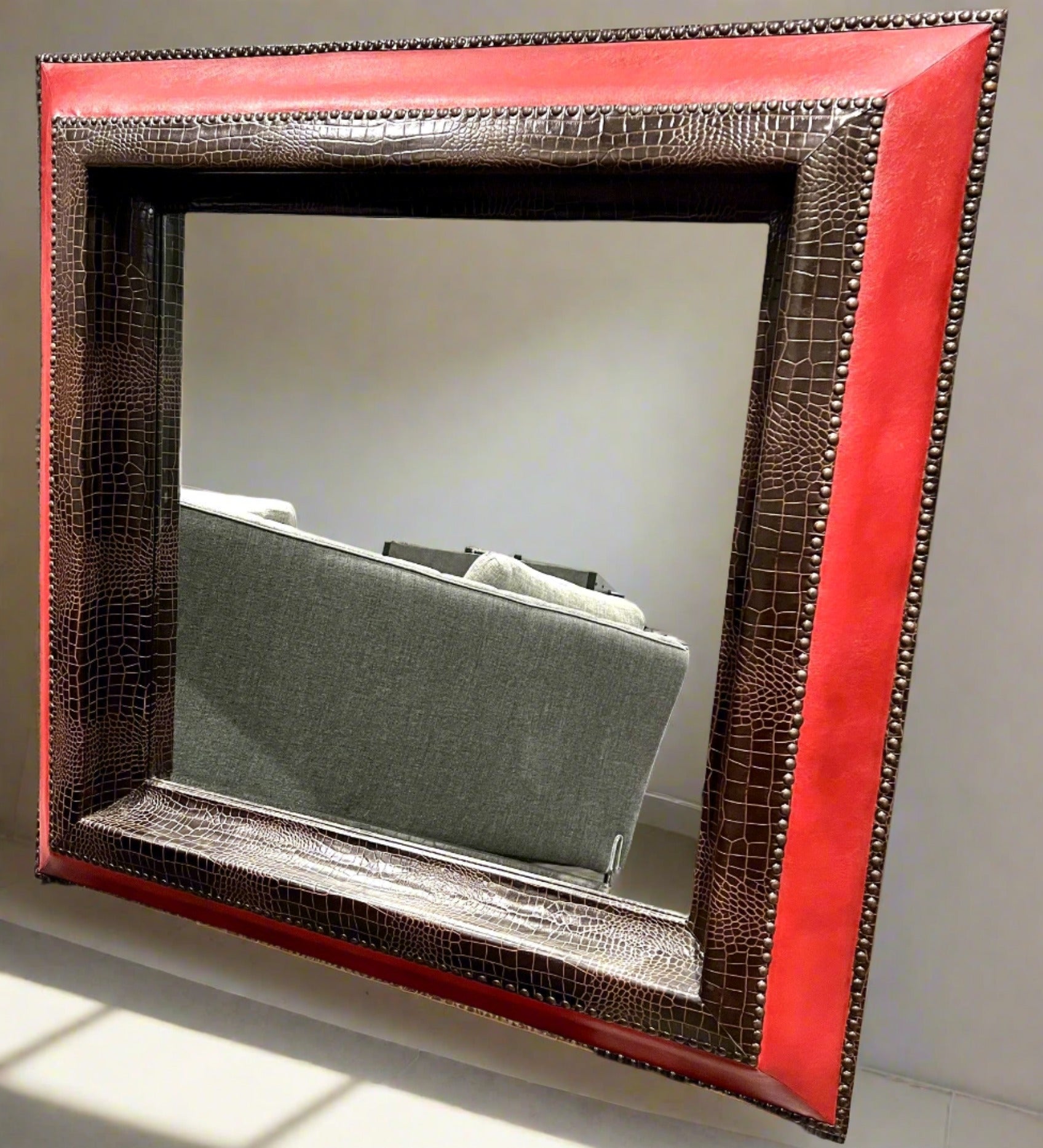 Howard Elliot Collection Faux Croc and Red Leather Framed Mirror