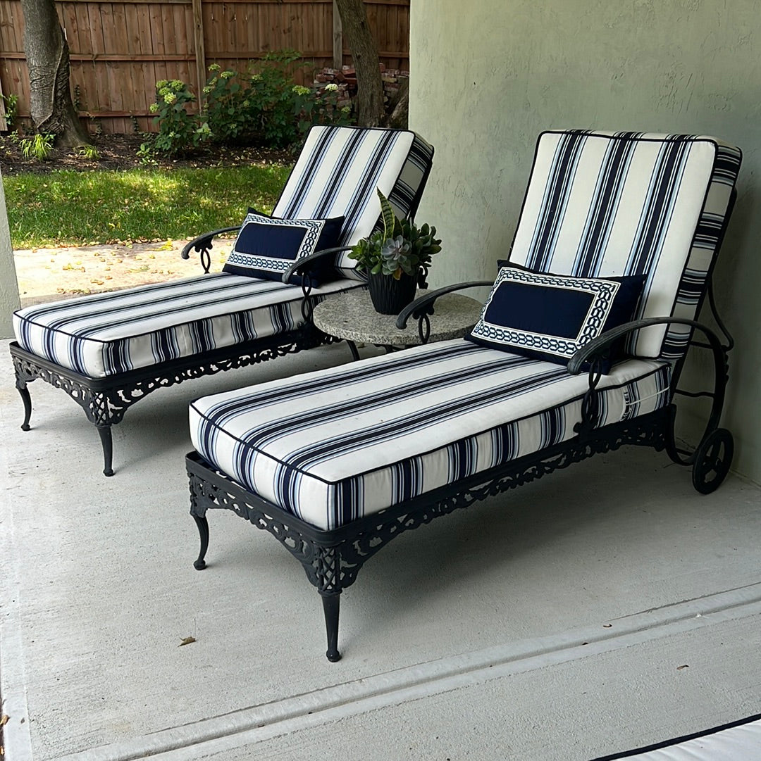 BROWN JORDAN Neoclassical Style Elegance Chaise with Blue Striped Cushions (2 Available)