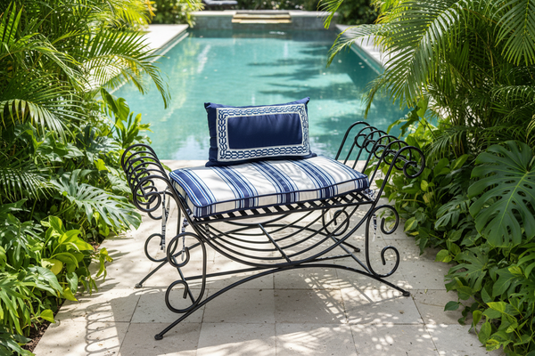 BROWN JORDAN Wrought Iron Bench with Striped Cushion