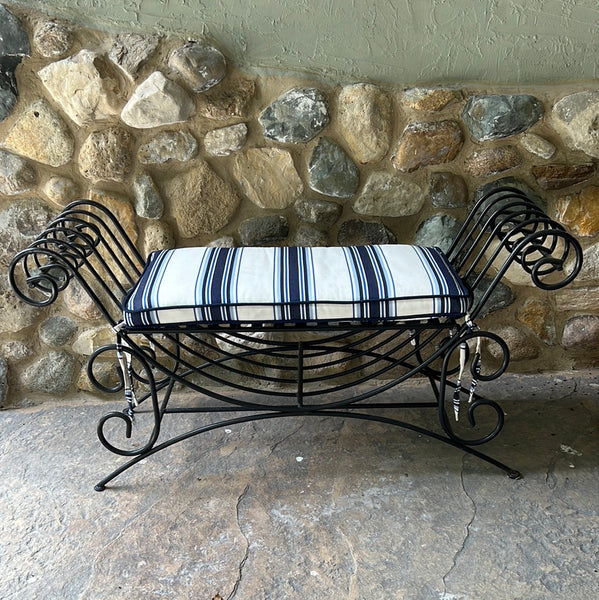 BROWN JORDAN Wrought Iron Bench with Striped Cushion