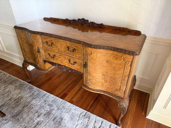 English Queen Anne Burl Walnut & Mahogany Sideboard