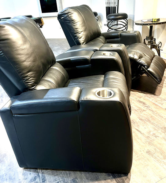 Pair of Black Leather Home Theater Reclining Seats Chairs