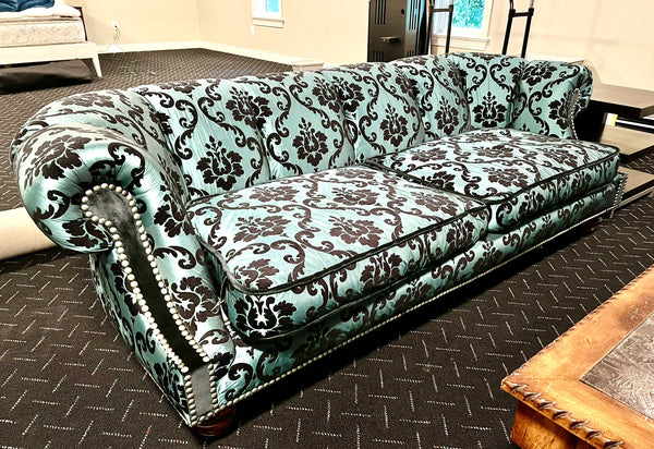 Vintage Chesterfield Sofa in Aqua Damask Taffeta Fabric