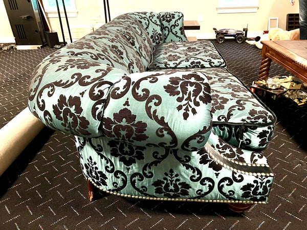 Vintage Chesterfield Sofa in Aqua Damask Taffeta Fabric