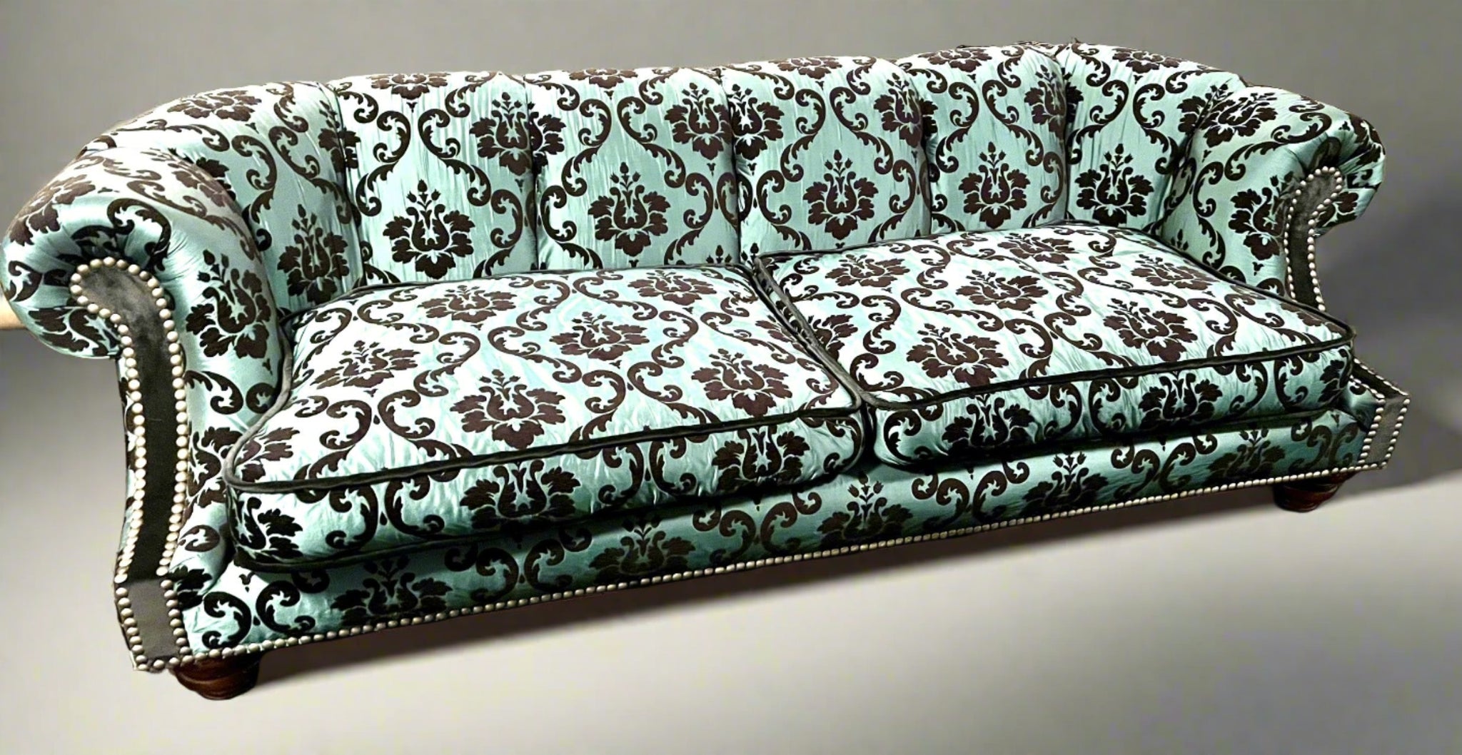 Vintage Chesterfield Sofa in Aqua Damask Taffeta Fabric