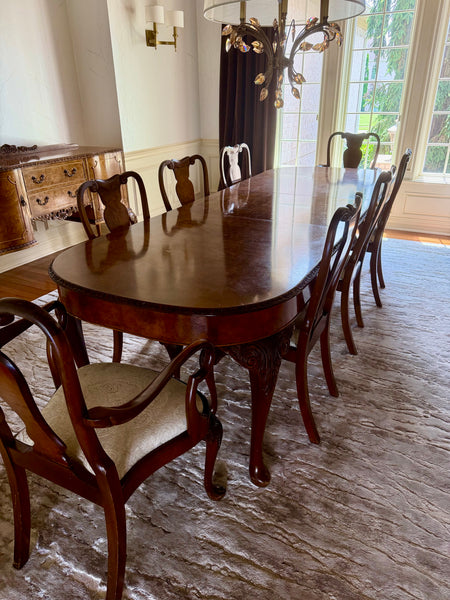 English Queen Anne Burl Walnut & Mahogany 9-Piece Dining Suite