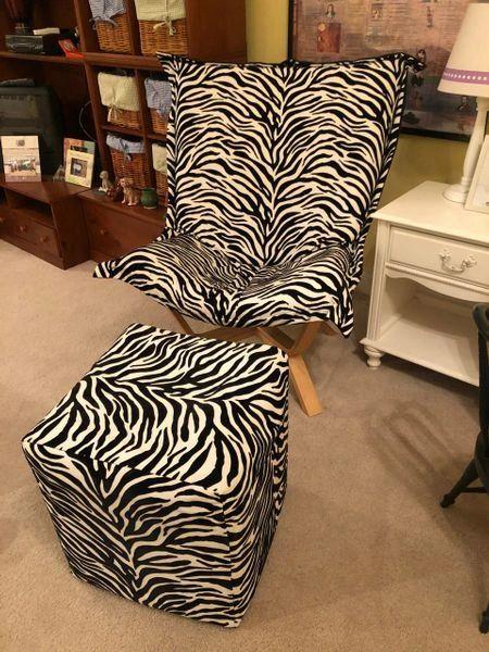 Zebra Print Puff Chair and Cube Ottoman by Howard Elliott