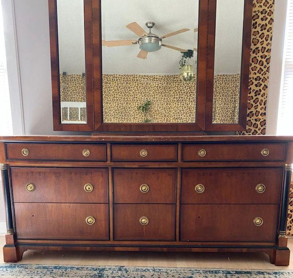 Century Furniture 9 Drawer French Empire Burl Ebonized Dresser with Mirror