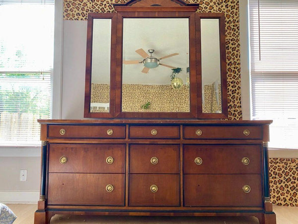 Century Furniture 9 Drawer French Empire Burl Ebonized Dresser with Mirror